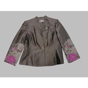 Lily & Taylor Black Satin Floral Sleeve Jeweled Button Blazer Jacket Size 12